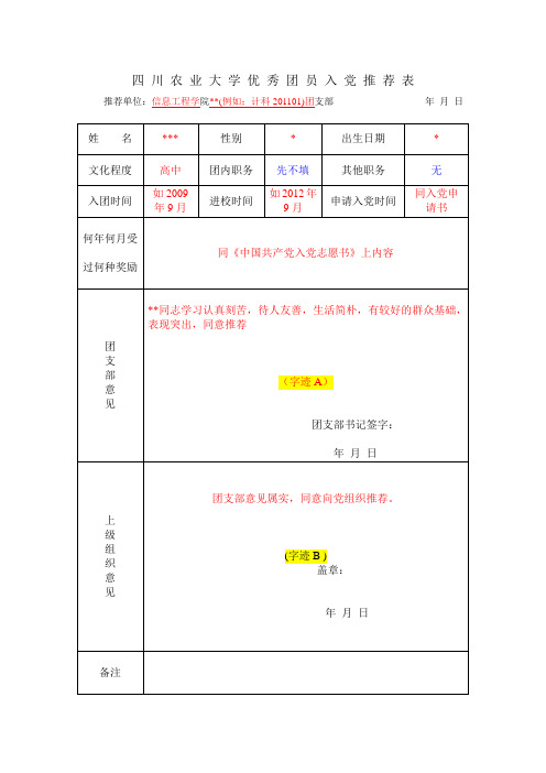 优秀团员入党推荐表(模板)