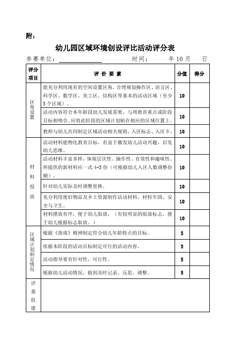 幼儿园区域 区角 评分表准表