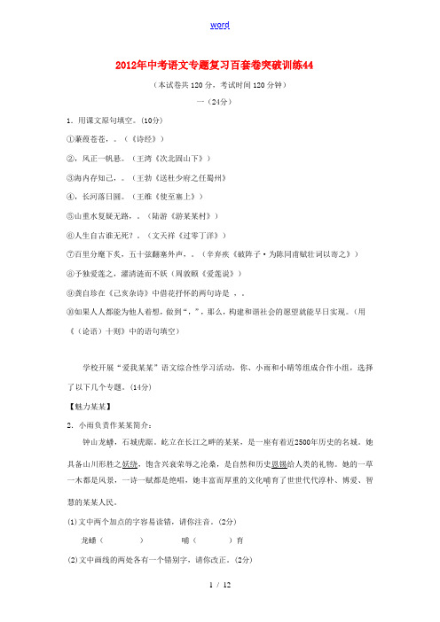 2012年中考语文专题复习百套卷突破训练44 人教新课标版