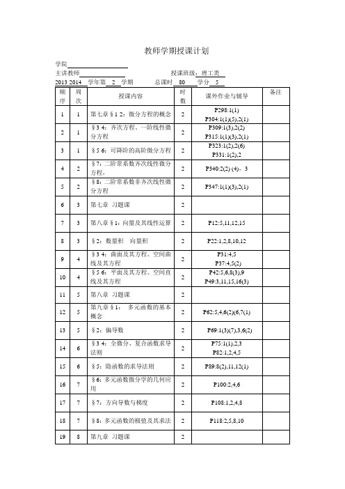 高等数学理工本2013-2014(2)学期授课计划