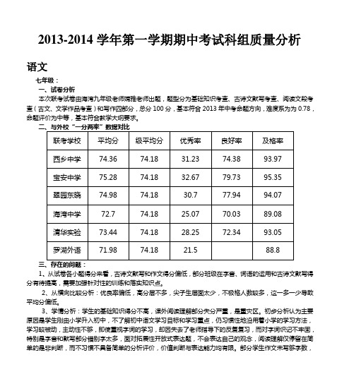 2013-2014学年第一学期期中考试科组质量分析