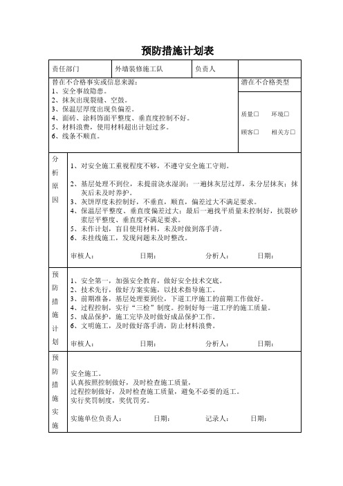 预防措施计划表