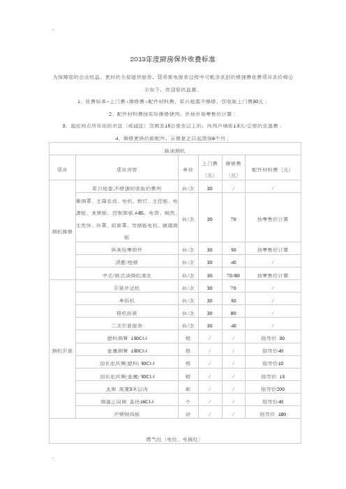 2017年度厨房保外收费标准