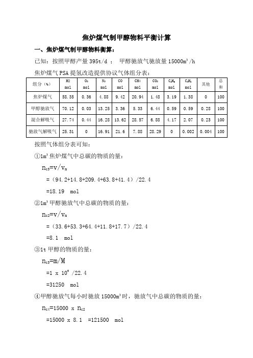 焦炉煤气制甲醇物料平衡计算