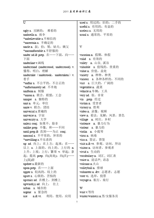 2011年高考英语词汇表(字母UVWYZ开头)