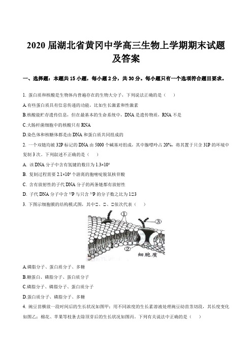 2020届湖北省黄冈中学高三生物上学期期末试题及答案