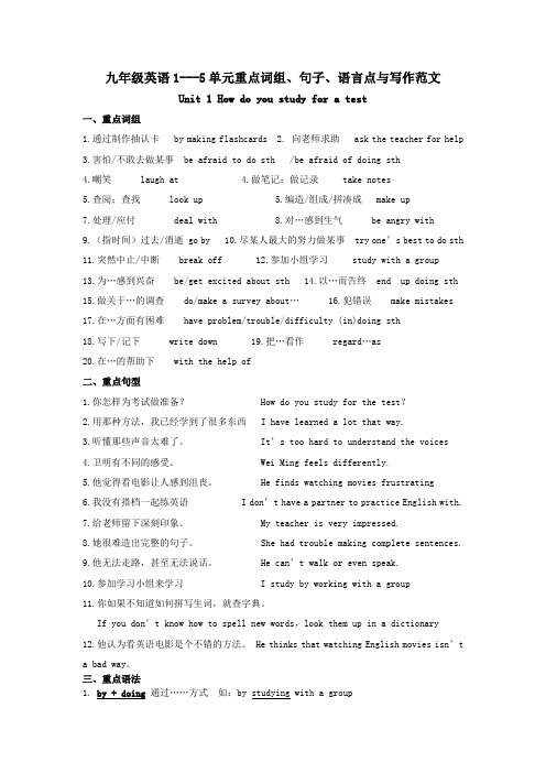 九年级英语1---5单元重点词组、句子、语言点与写作范文