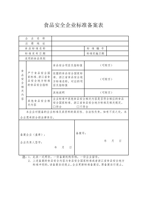 食品安全企业标准备案表