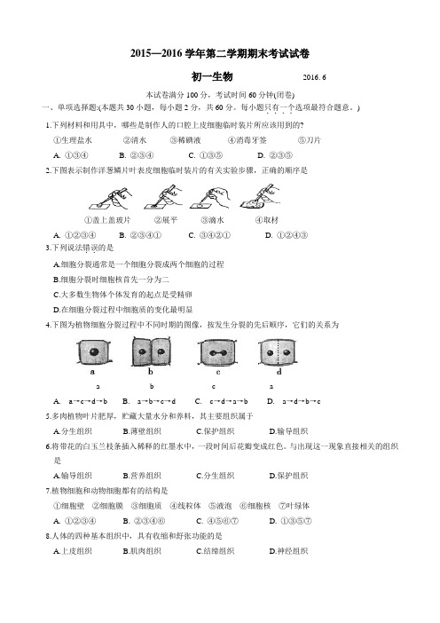 2015-2016学年第二学期初一生物期末试卷及答案(标准)