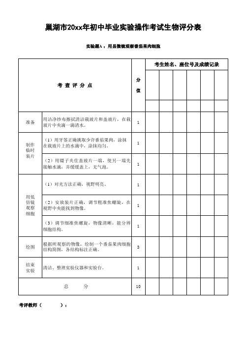 20xx生物实验评价表