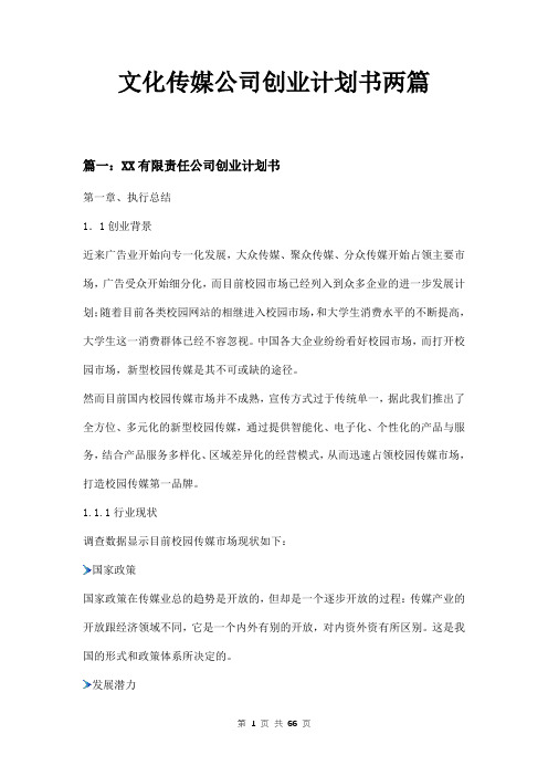 文化传媒公司创业计划书两篇