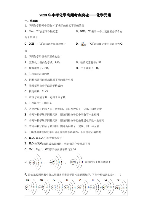 2023年中考化学高频考点突破——化学元素(含解析)