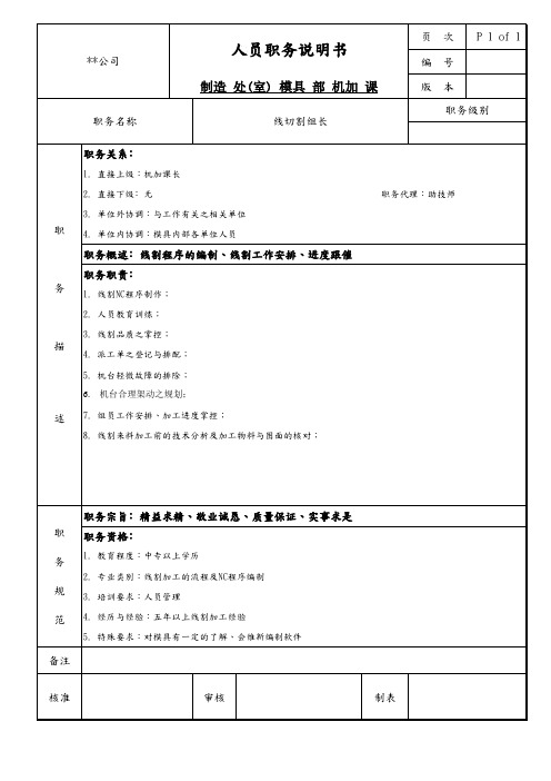 模具部机加课线切割组长职务说明书