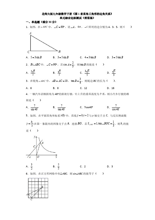 北师大版初三数学9年级下册 第1章(直角三角形的边角关系)综合达标测试(附答案解析)