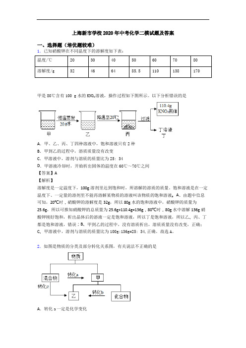 上海新市学校2020年中考化学二模试题及答案