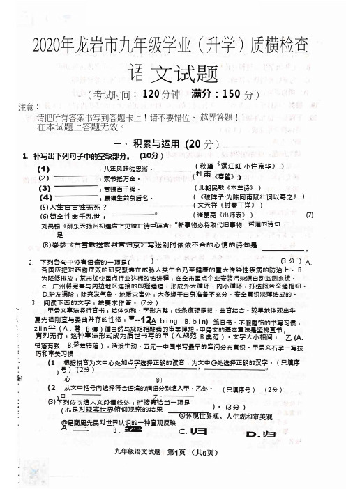 福建省龙岩市2020年初中语文毕业班质量检测试题(pdf)