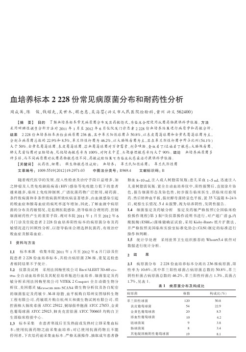 血培养标本2228份常见病原菌分布和耐药性