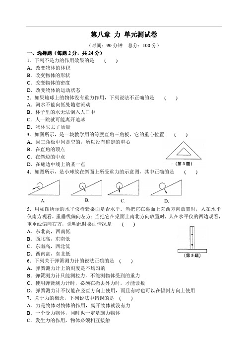 苏科版物理八年级下册 第八章 力 单元测试卷(含答案)