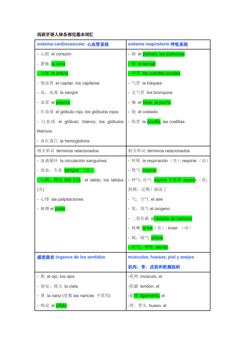 人体各部位词汇汇总(西班牙语)