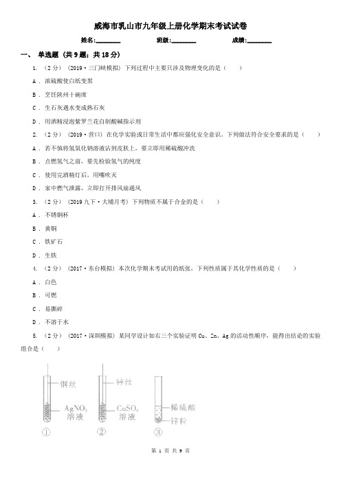 威海市乳山市九年级上册化学期末考试试卷