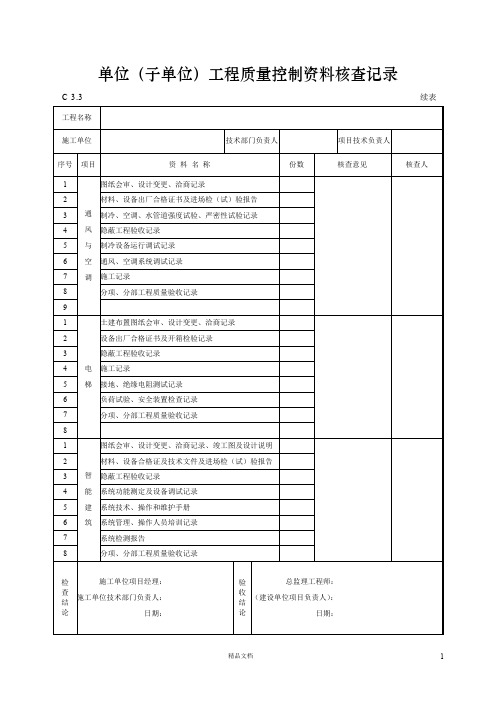 【资料员】单位(子单位)工程质量控制资料核查记录3.3【建筑工程施工+常用表格】