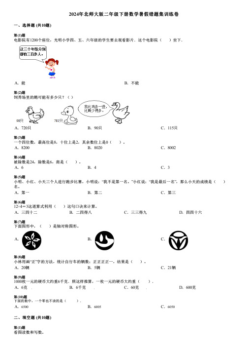 2024年北师大版二年级下册数学暑假错题集训练卷