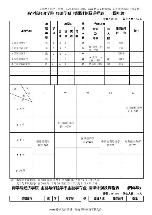 商学院经济学经济学系授课计划及课程表四年级