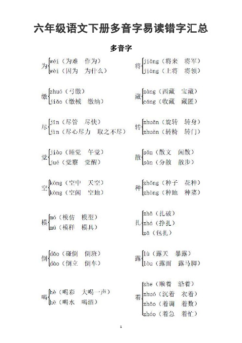 小学语文部编版六年级下册多音字易读错字汇总