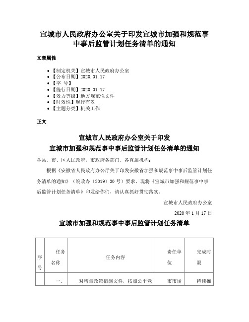 宣城市人民政府办公室关于印发宣城市加强和规范事中事后监管计划任务清单的通知