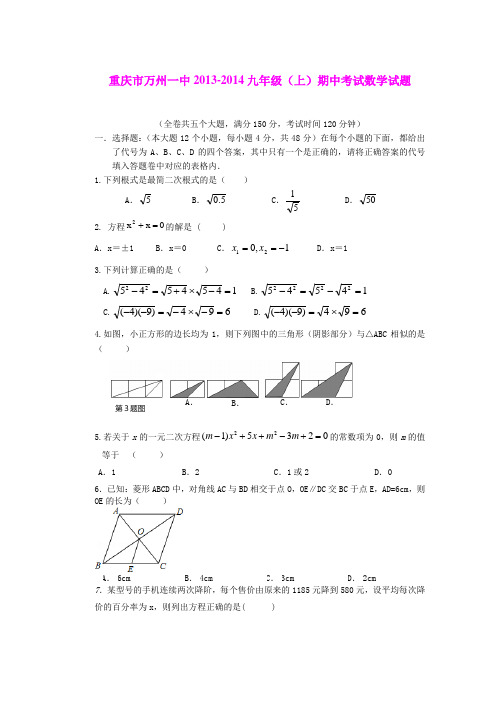 重庆市万州一中2013-2014九年级(上)期中考试数学试题