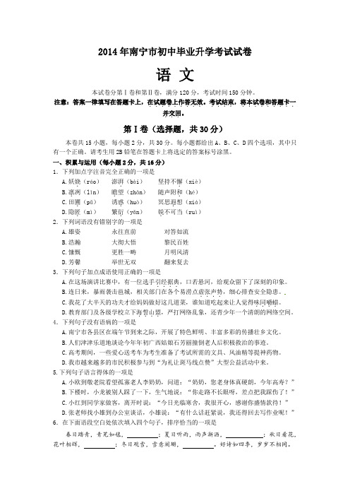 2014年广西自治区南宁市中考语文试题(含答案)