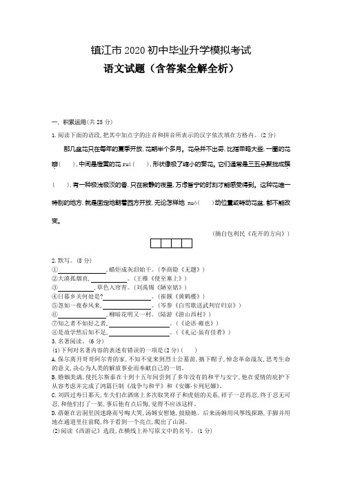 江苏镇江2020中考语文模拟测试卷(试卷+答案)