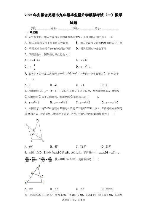 2022年安徽省芜湖市九年级毕业暨升学模拟考试(一)数学试题(word版含答案)