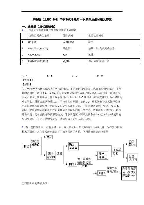 沪教版(上海)2021年中考化学最后一次模拟压题试题及答案