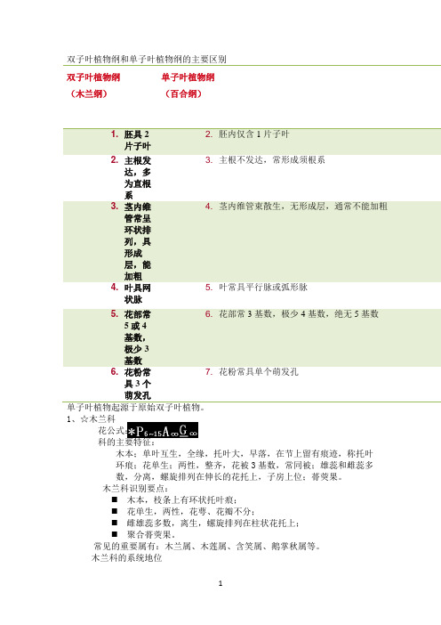 双子叶植物纲和单子叶植物纲的主要区别