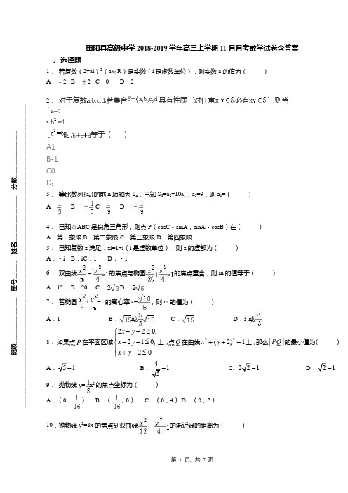 田阳县高级中学2018-2019学年高三上学期11月月考数学试卷含答案