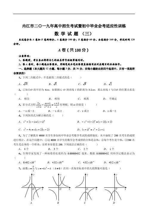 四川省内江市2019年初中学业水平考试暨高中阶段学校招生考试模拟试卷数学试题