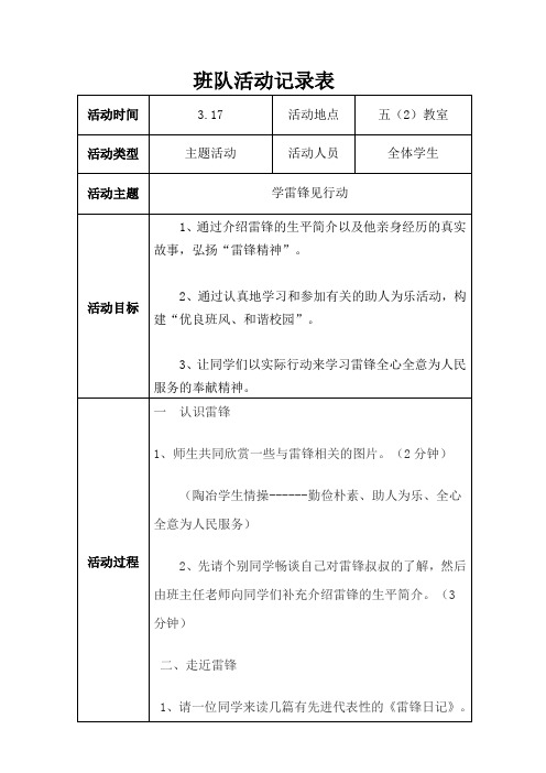 第四周班队活动记录表--学雷锋见行动