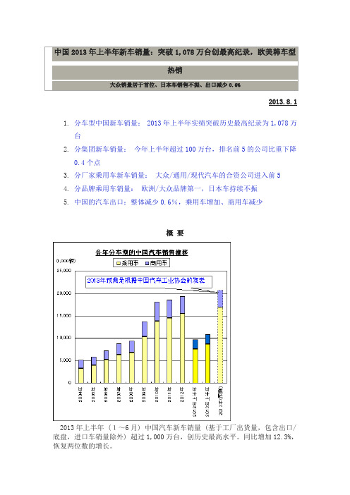 中国2013年上半年新车销量