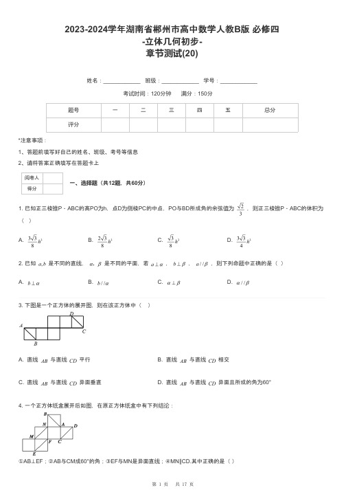 2023-2024学年湖南省郴州市高中数学人教B版 必修四-立体几何初步-章节测试-20-含解析