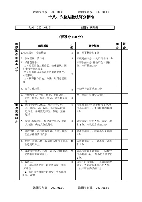 穴位贴敷法操作评分标准之欧阳美创编