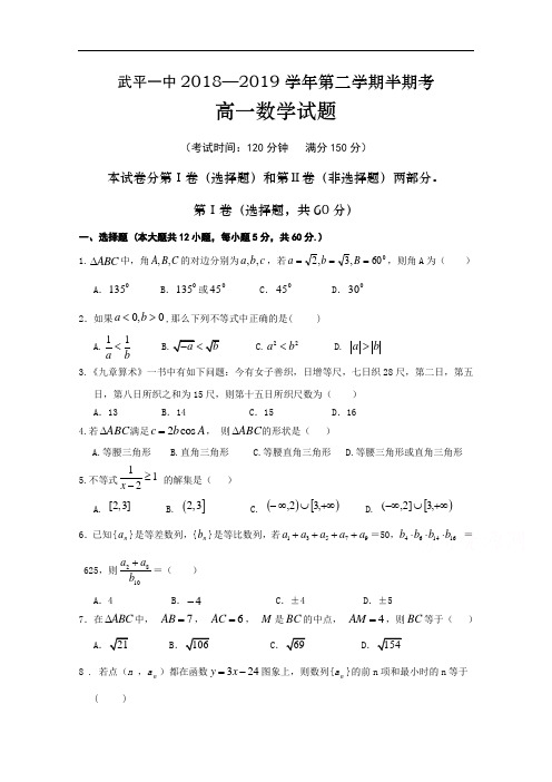 福建省武平县第一中学2018-2019学年高一下学期期中考试  数学  Word含答案