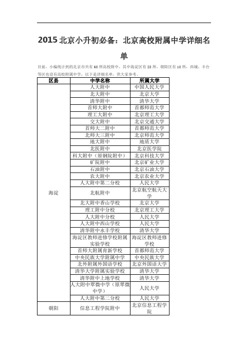 2015北京小升初必备：北京高校附属中学详细名单