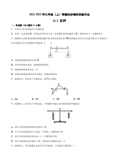 杠杆 同步课时训练作业  2021-2022学年苏科版物理九年级上册