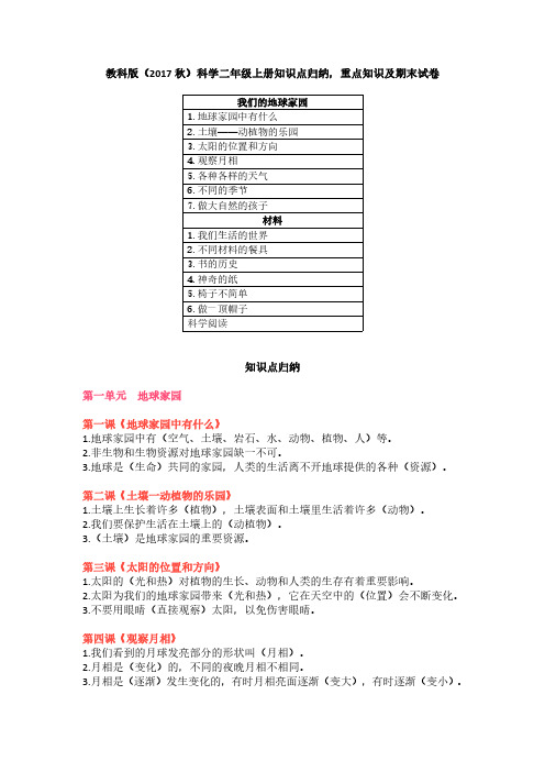 2023教科版(2017秋)科学二年级上册知识点归纳,重点知识及期末试卷(含目录)