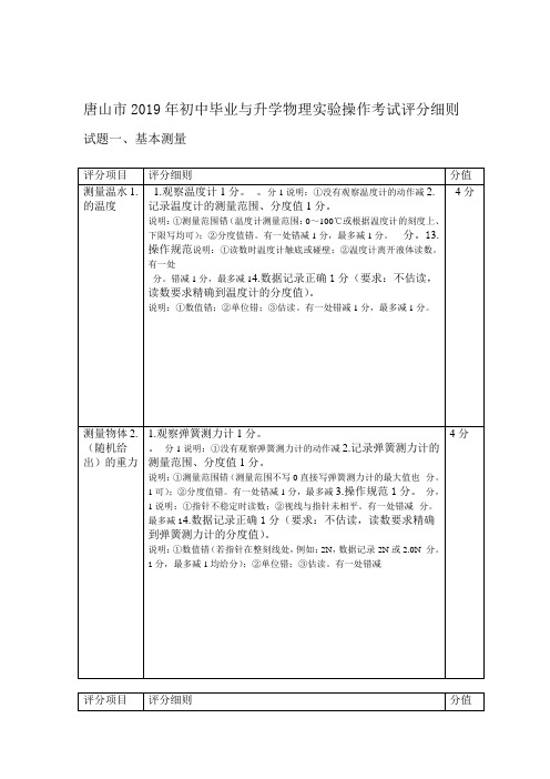 唐山2019年初中毕业与升学物理试验操作考试评分细则