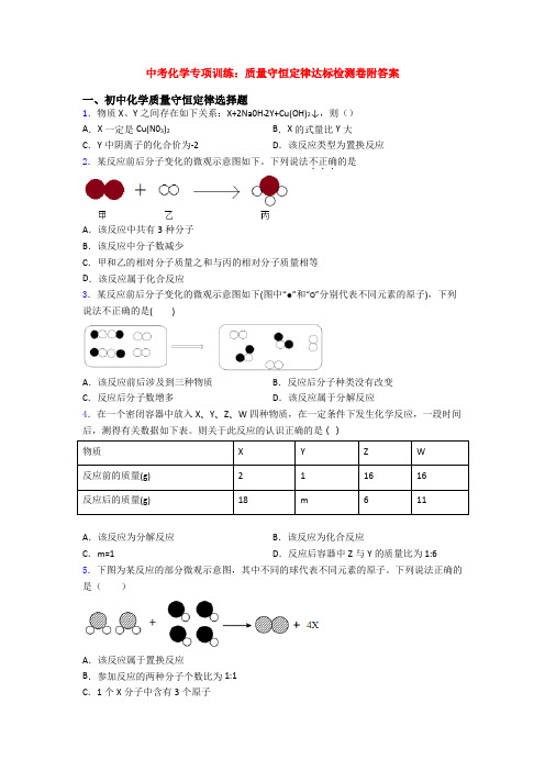 中考化学专项训练：质量守恒定律达标检测卷附答案