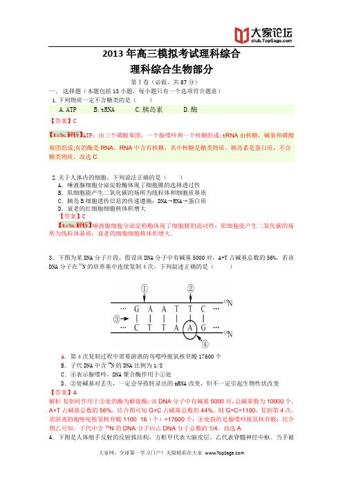 【2013济宁市一模】山东省济宁市2013届高三第一次模拟考试 理综生物