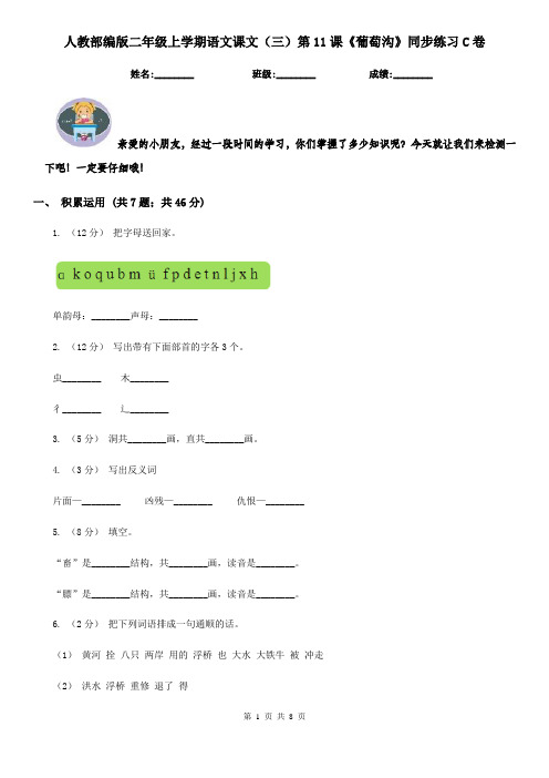 人教部编版二年级上学期语文课文(三)第11课《葡萄沟》同步练习C卷