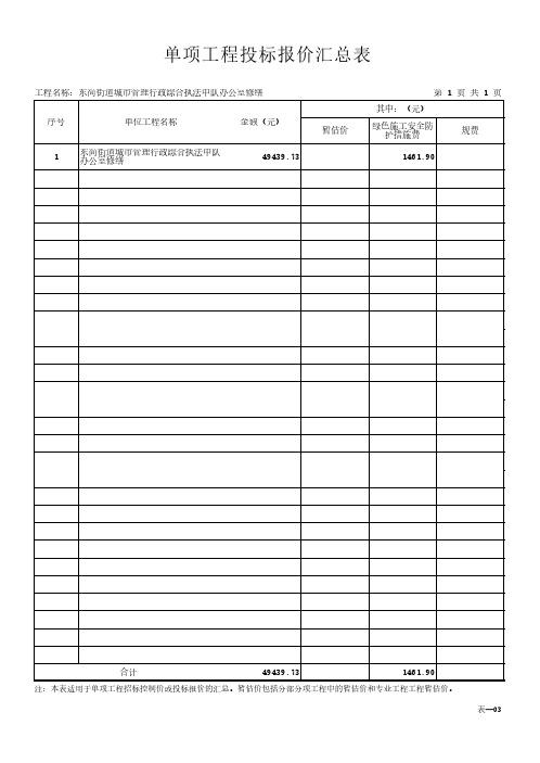 单项工程投标报价汇总表